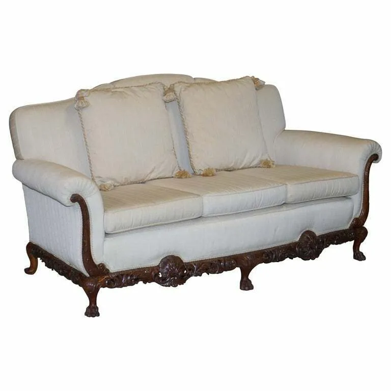 PART OF LARGE SUITE ORNATELY CARVED WALNUT LION HAIRY PAW FEET THREE PERSON SOFA 175767590552