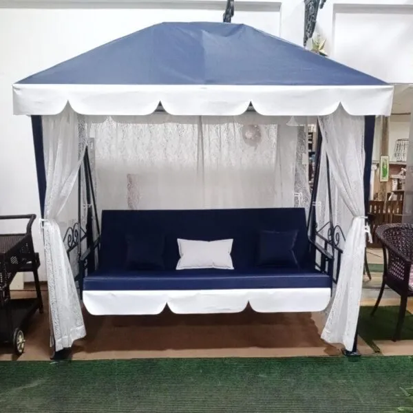 Luxury Outdoor Garden Swing with Blue Canopy & Sheer Curtains